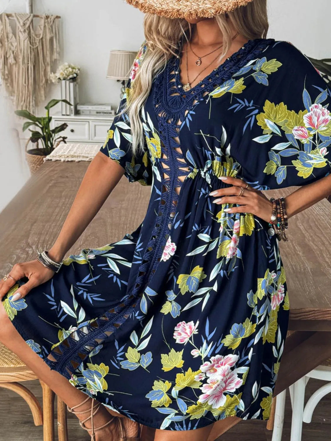 Crochet Front V-Neck Printed Cover-Up - -