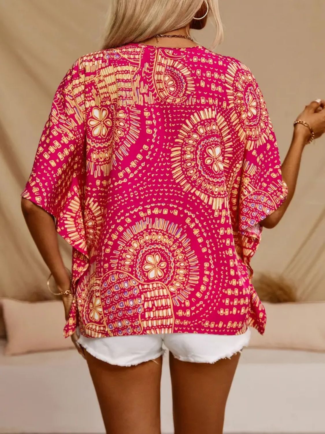 Printed V-Neck Half Sleeve Top - -