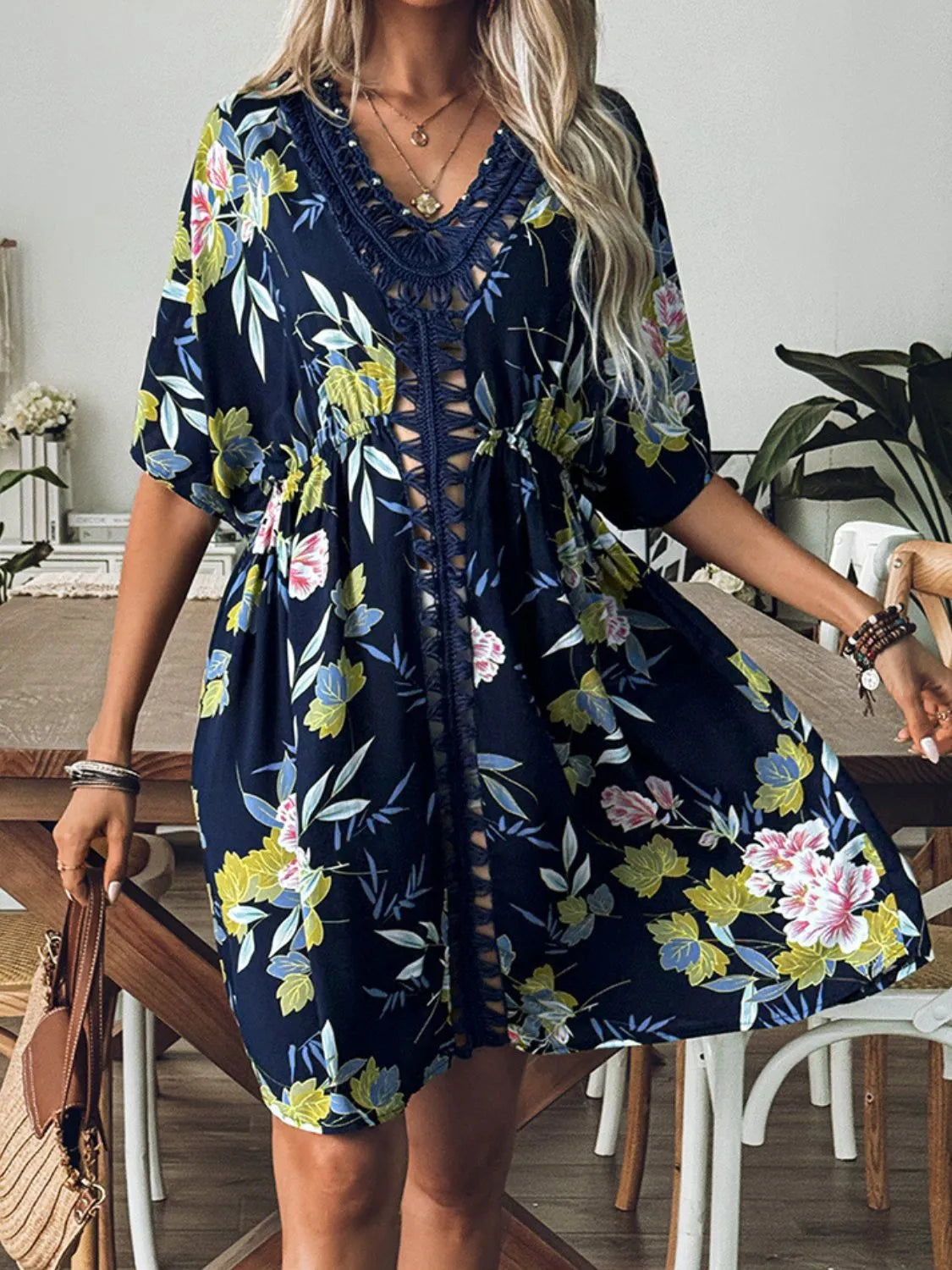 Crochet Front V-Neck Printed Cover-Up - Dark Blue One Size -