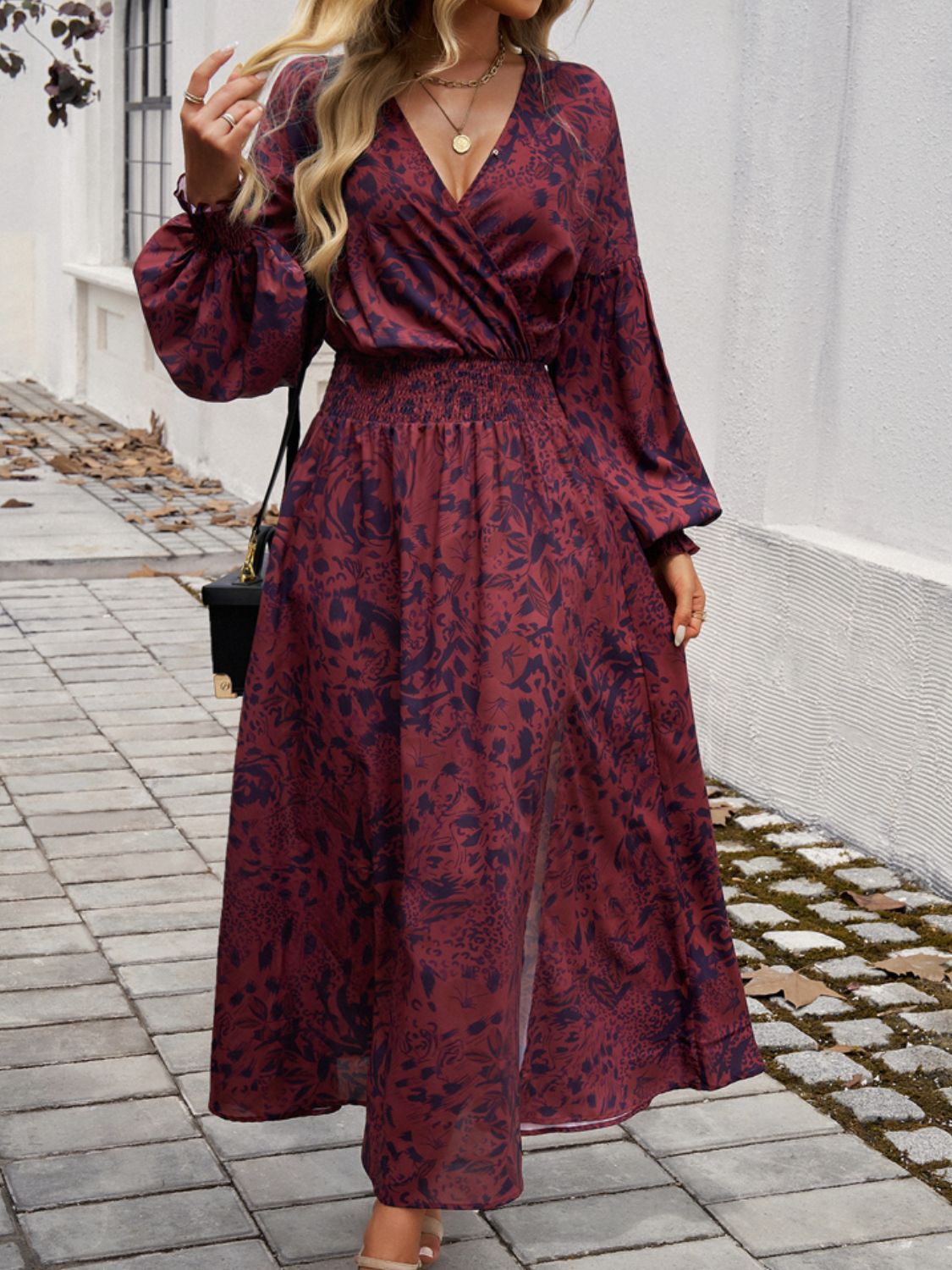 Devine Split Printed Surplice Long Sleeve Midi Dress - -
