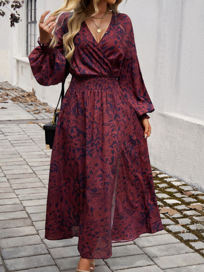 Devine Split Printed Surplice Long Sleeve Midi Dress - -