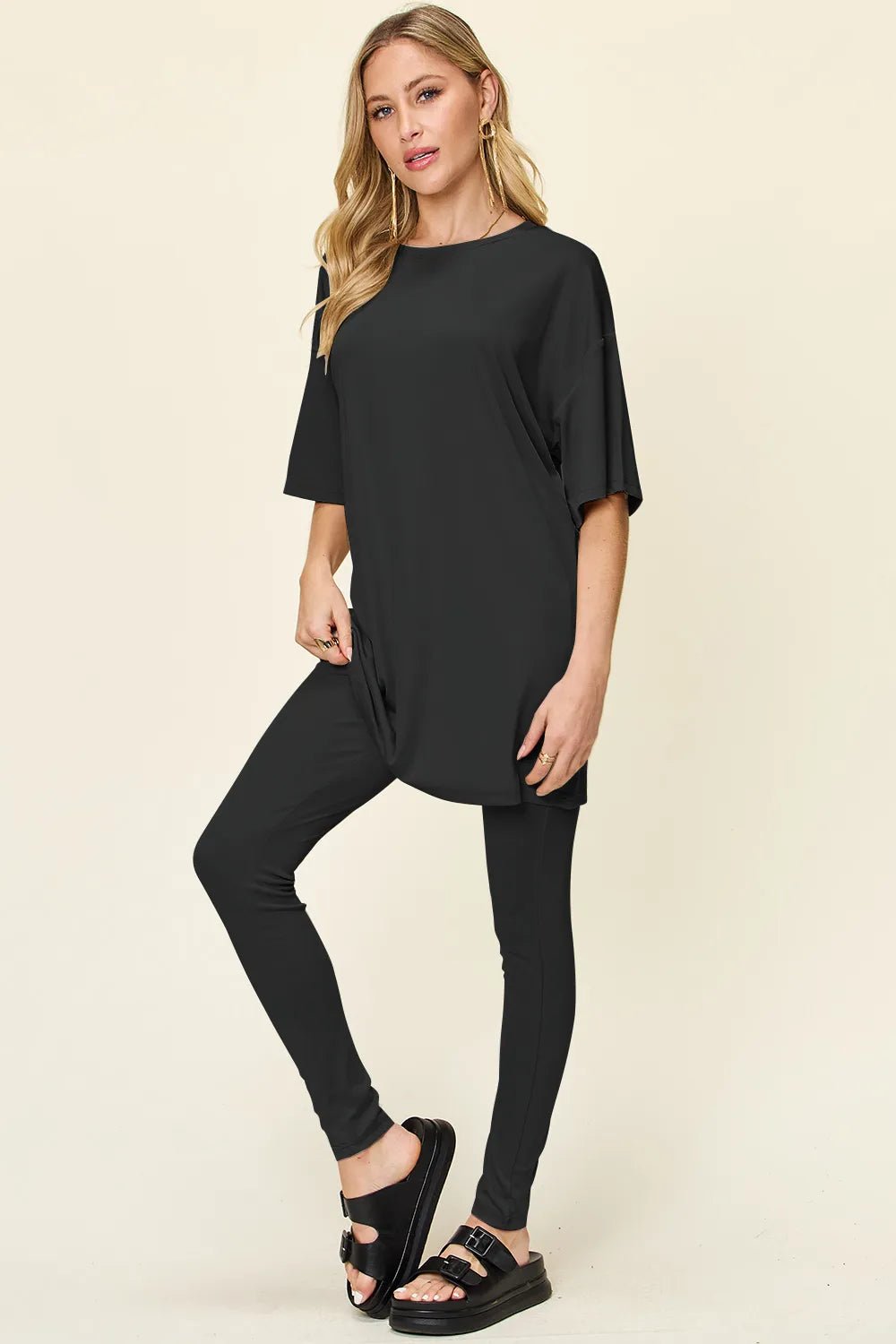 Double Take Full Size Round Neck Dropped Shoulder T-Shirt and Leggings Set - -