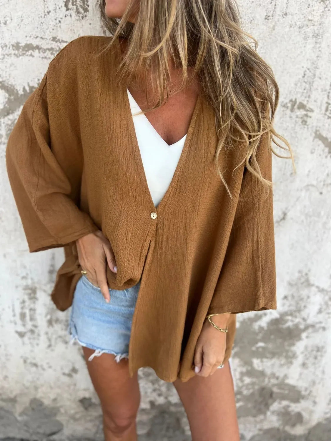 Full Size One Button Long Sleeve Shirt Plus Size - Caramel -