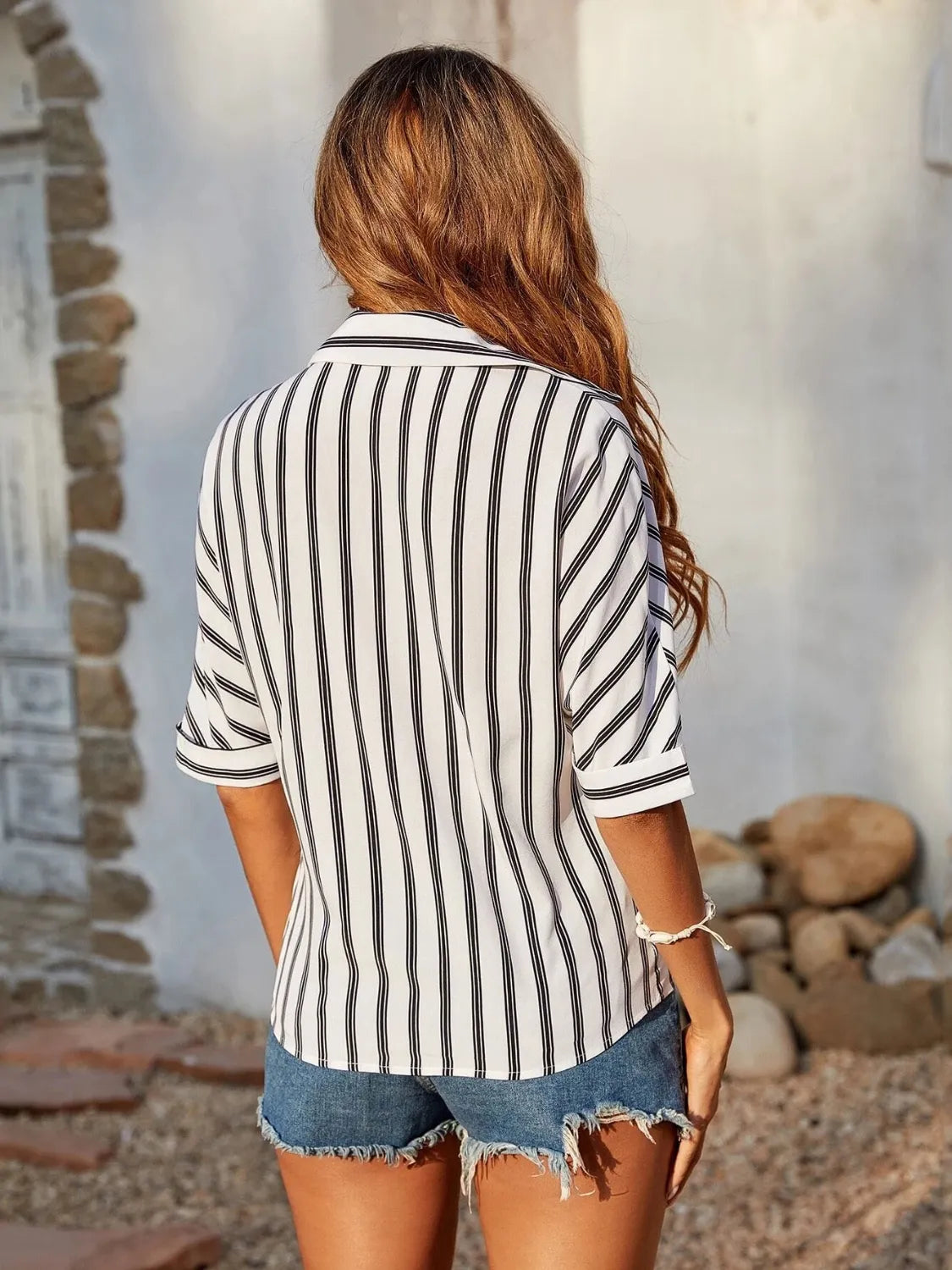 Striped Collared Neck Half Sleeve Shirt - -
