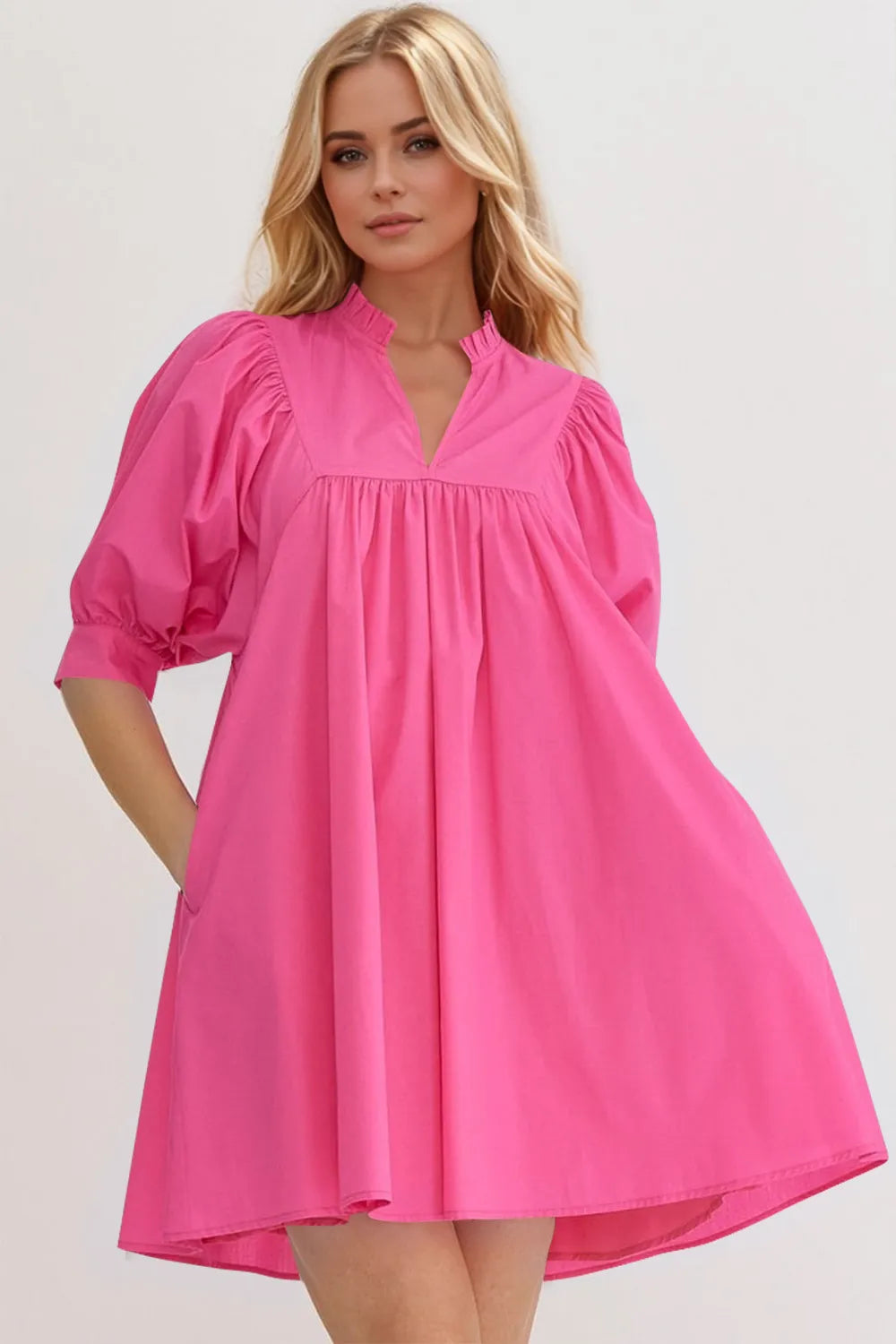 Oh Frill Notched Puff Sleeve Babydoll Mini Dress - Hot Pink -