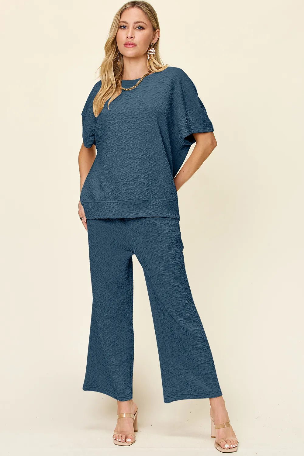 Double Take Full Size Texture Short Sleeve Top and Pants Set - -