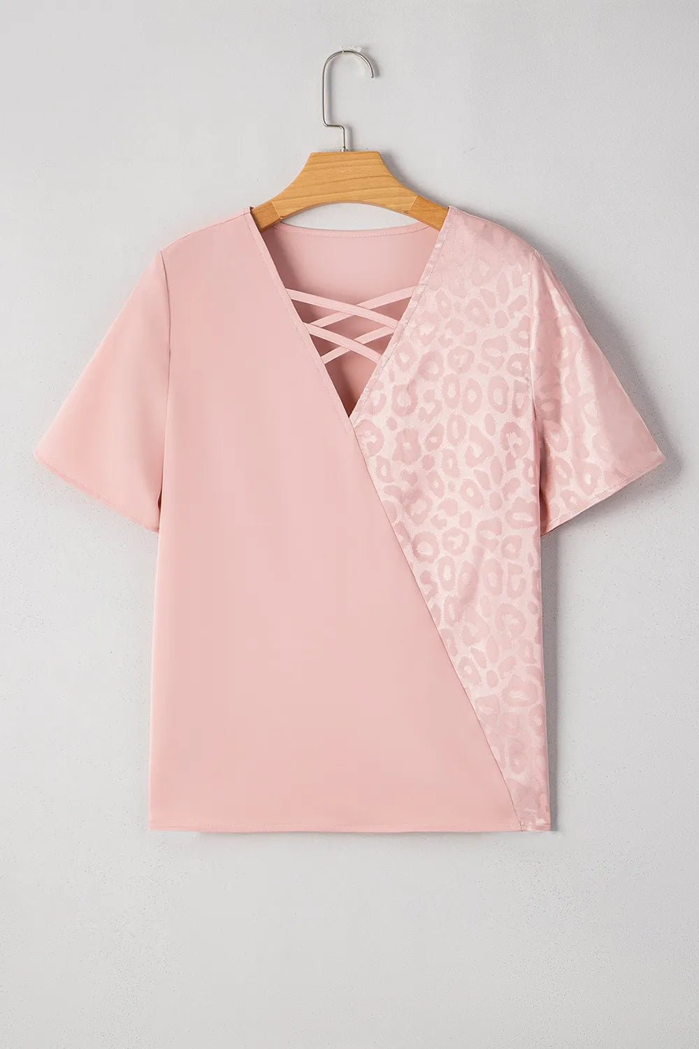 Leopard Jacquard Patchwork Crisscross V Neck Short Sleeve Blouse - -