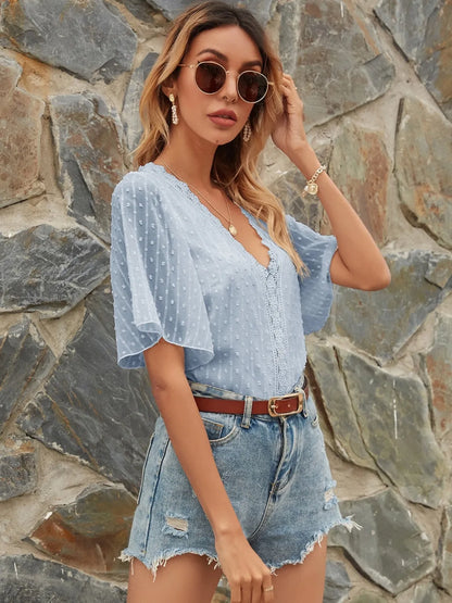 Lace Detail V-Neck Siwss Dot Blouse - -