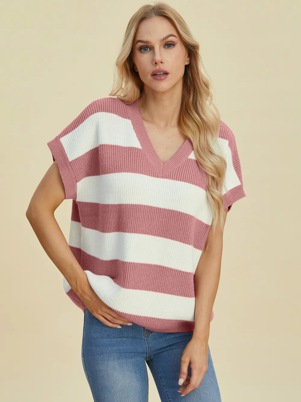 Double Take Full Size Striped V-Neck Short Sleeve Sweater - -