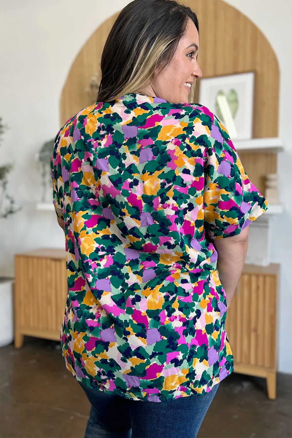 Double Take Full Size Printed V - Neck Short Sleeve Side Slit Top – | Shannon’s Chique Boutique