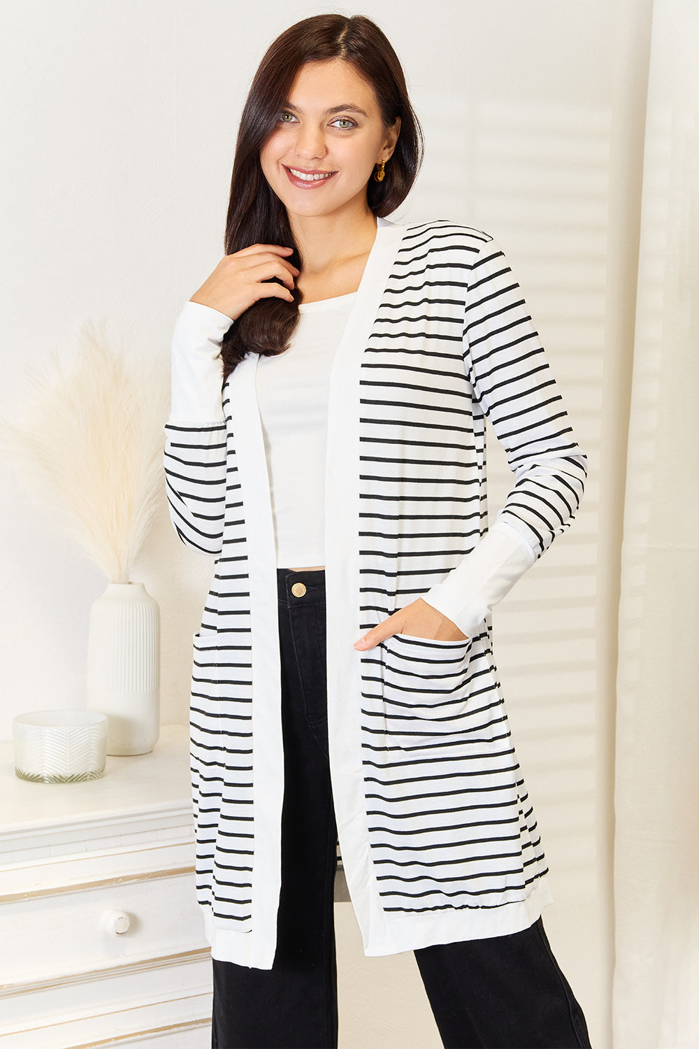 Double Take Striped Open Front Longline Cardigan - White -