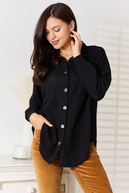 Double Take Waffle-Knit Collared Neck Dropped Shoulder Shirt - Black -