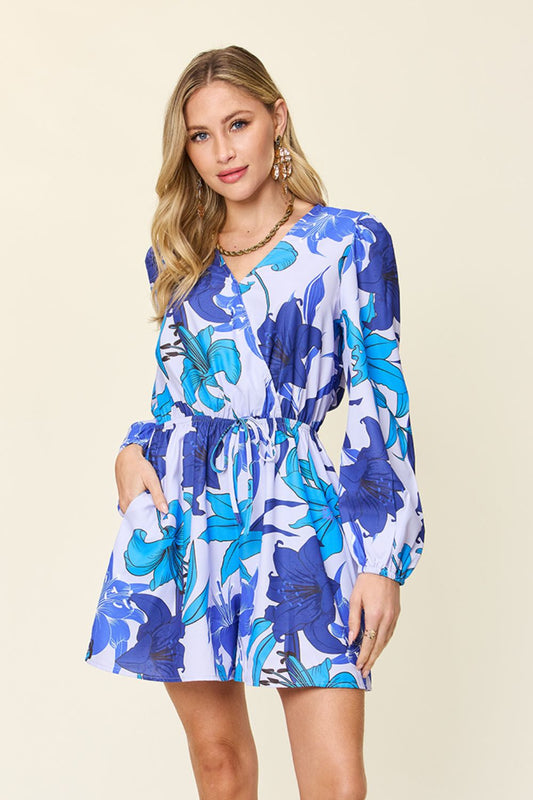 Double Take Full Size Floral Long Sleeve Romper with Pockets - Blue -