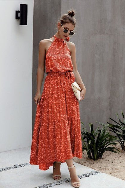 Tie Back Polka Dot Ruffle Hem Halter Dress – | Shannon’s Chique Boutique