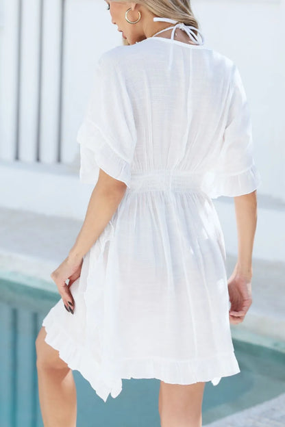 Ruffled Smocked Waist V-Neck Cover-Up - -