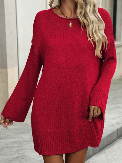 Round Neck Dropped Shoulder Sweater - -