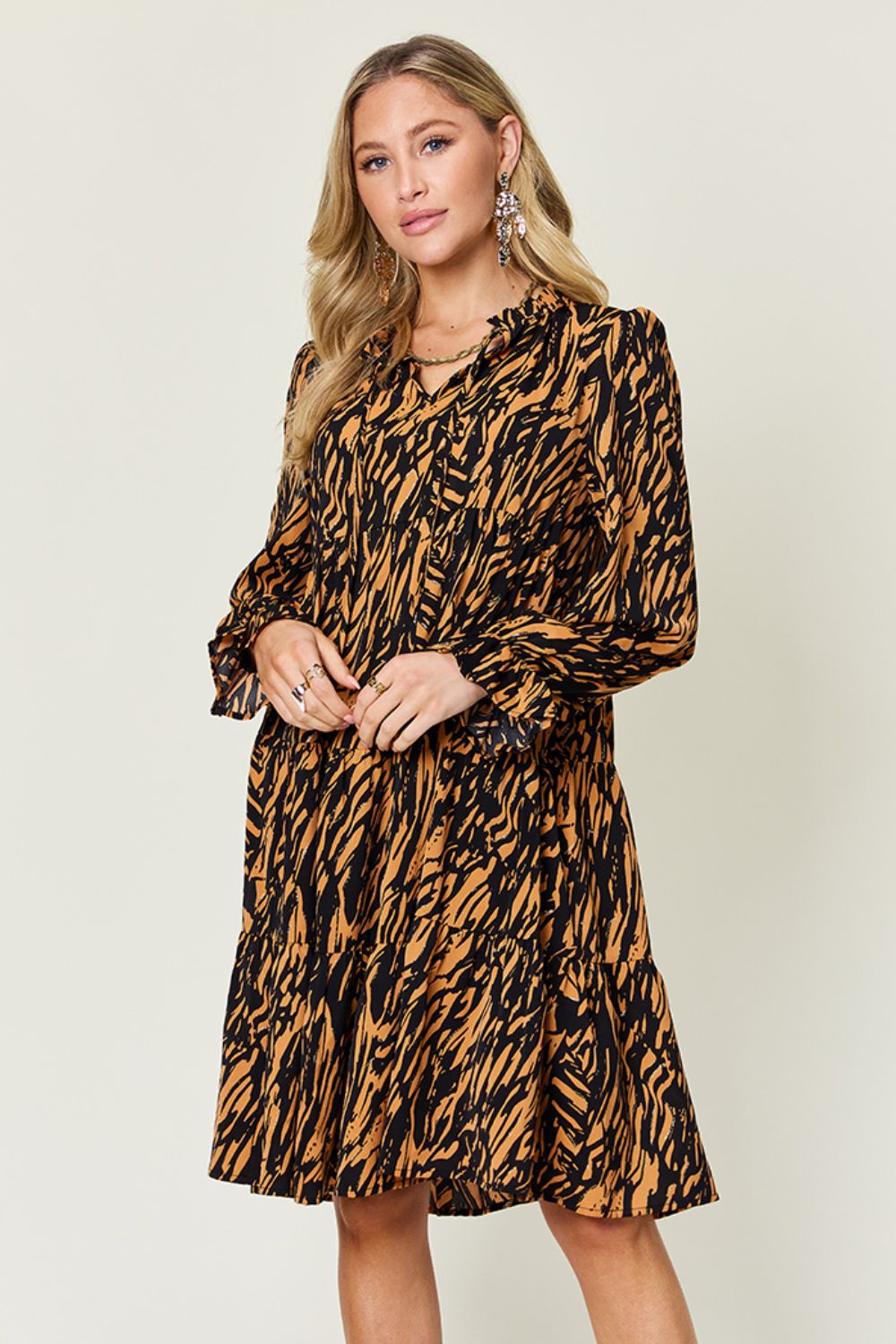 Double Take Full Size Printed Ruffle Hem Long Sleeve Dress - Caramel -