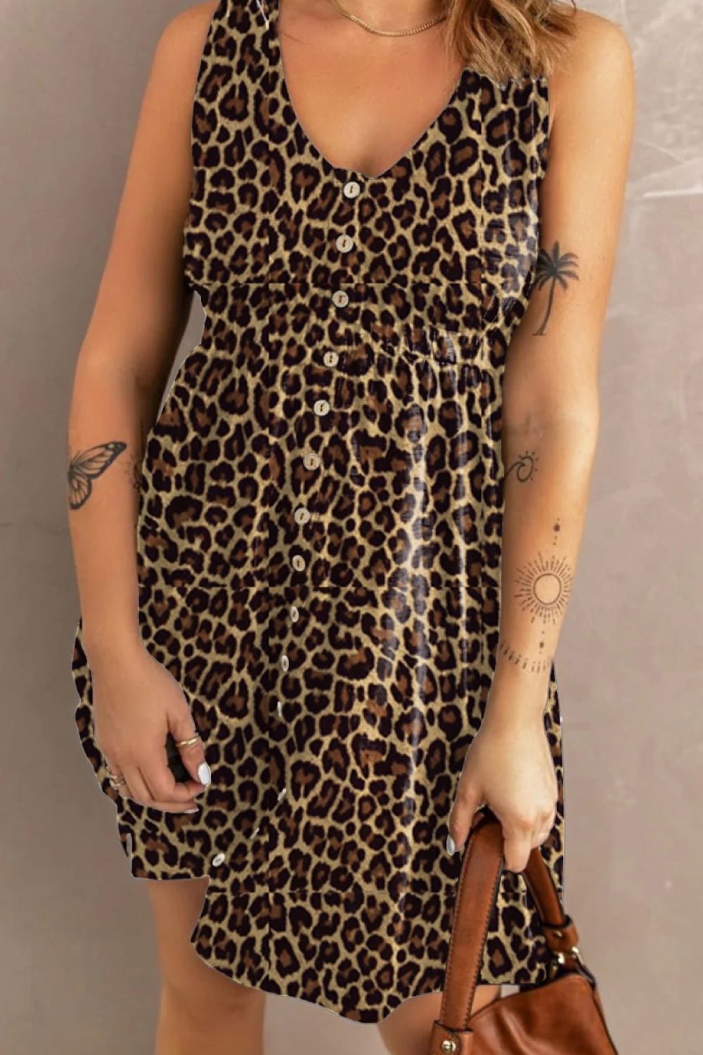 Double Take Printed Scoop Neck Sleeveless Buttoned Magic Dress with Pockets - -