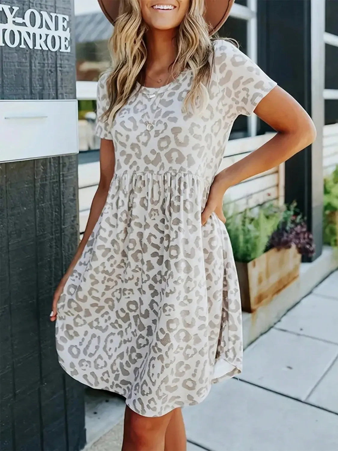 Leopard Round Neck Short Sleeve Mini Tee Dress - -
