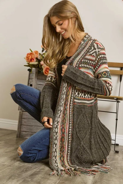 ADORA Full Size Fringe Hem Aztec Cardigan Plus Size.