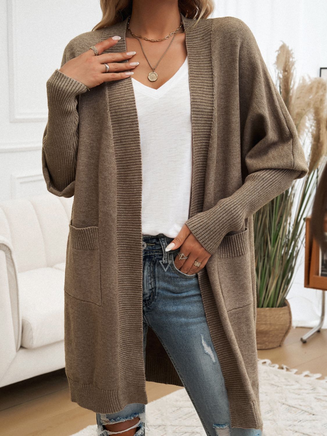Devine Open Front Long Sleeve Cardigan - Taupe -