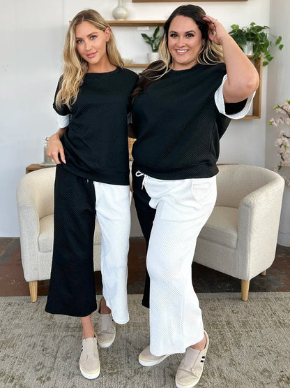Double Take Full Size Texture Contrast T-Shirt and Wide Leg Pants Set - -