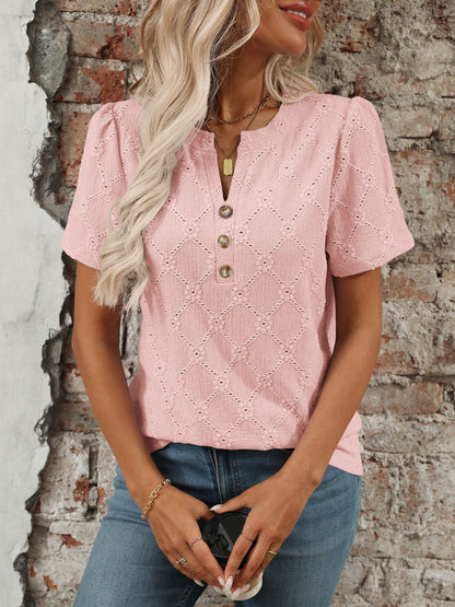 Eyelet Notched Short Sleeve Top - -