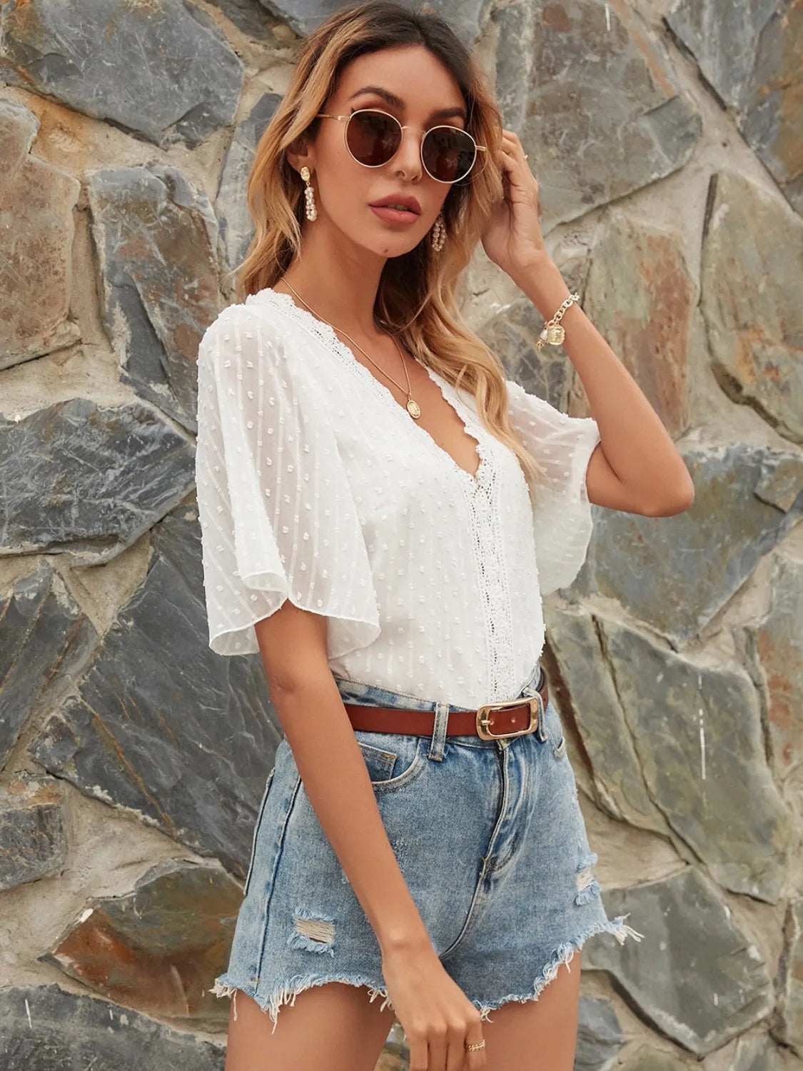 Lace Detail V-Neck Siwss Dot Blouse - -