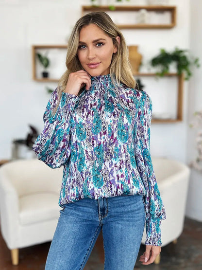 Double Take Full Size Printed Smocked Long Sleeve Blouse - -