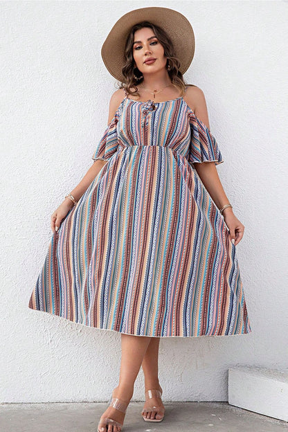 Plus Size Striped Cold-Shoulder Midi Dress (Curve Chic) - -