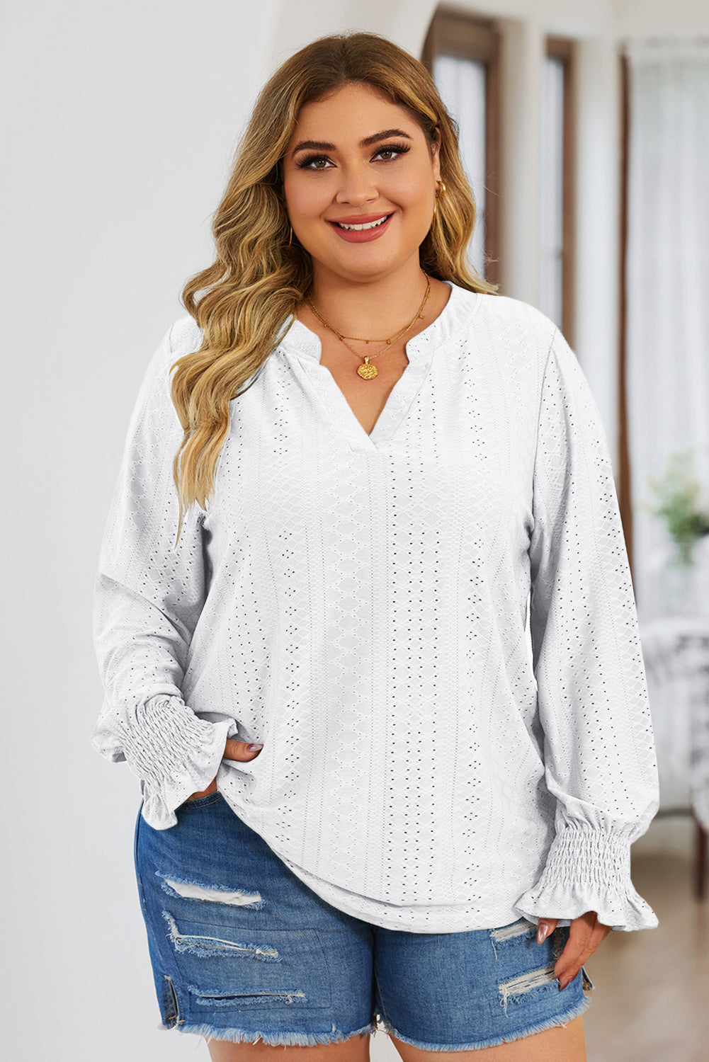 Plus Size Eyelet Notched Flounce Sleeve Blouse - White -
