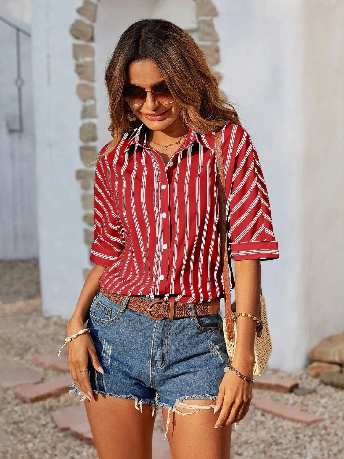 Striped Collared Neck Half Sleeve Shirt - -
