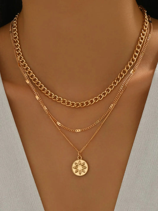 18K Gold - Plated Layered Necklace with Sun Medallion Pendant – | Shannon’s Chique Boutique