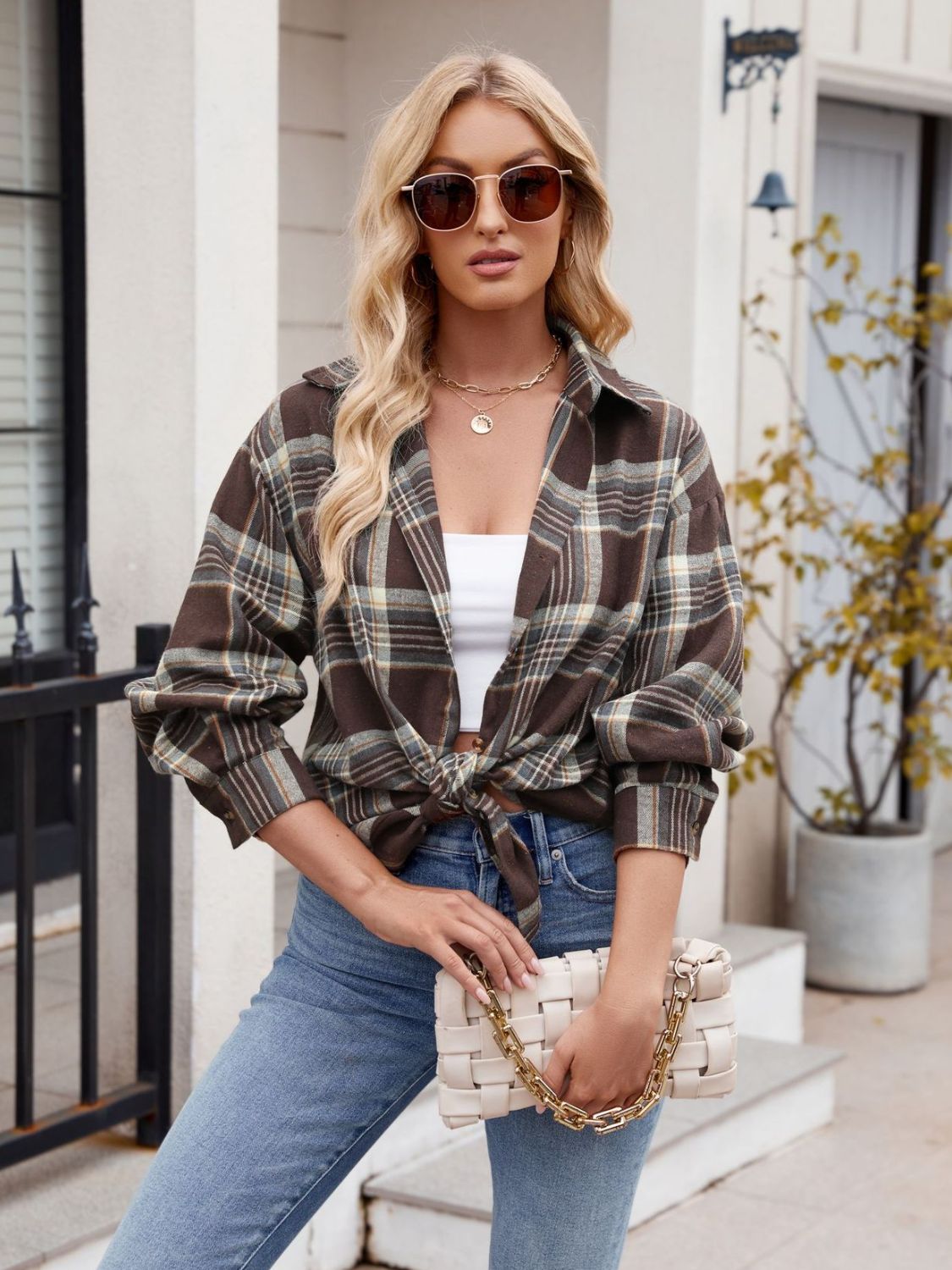 Mandy Pocketed Plaid Collared Neck Long Sleeve Shirt - -