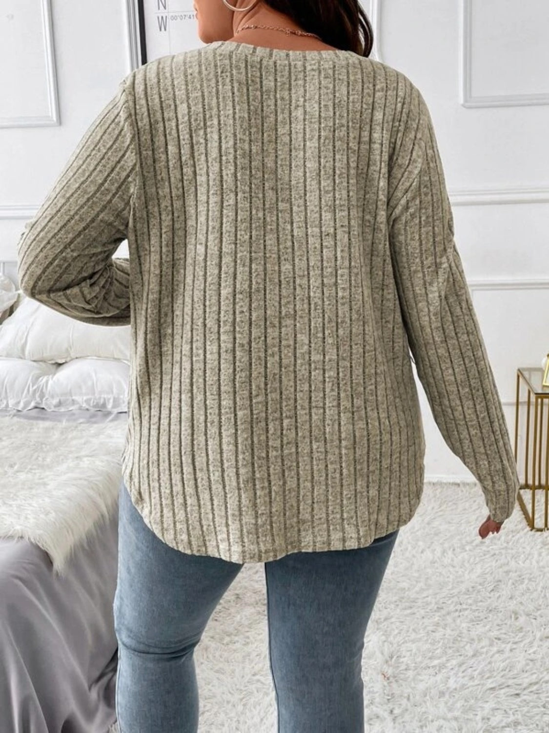 Plus Size V-Neck Long Sleeve T-Shirt - -