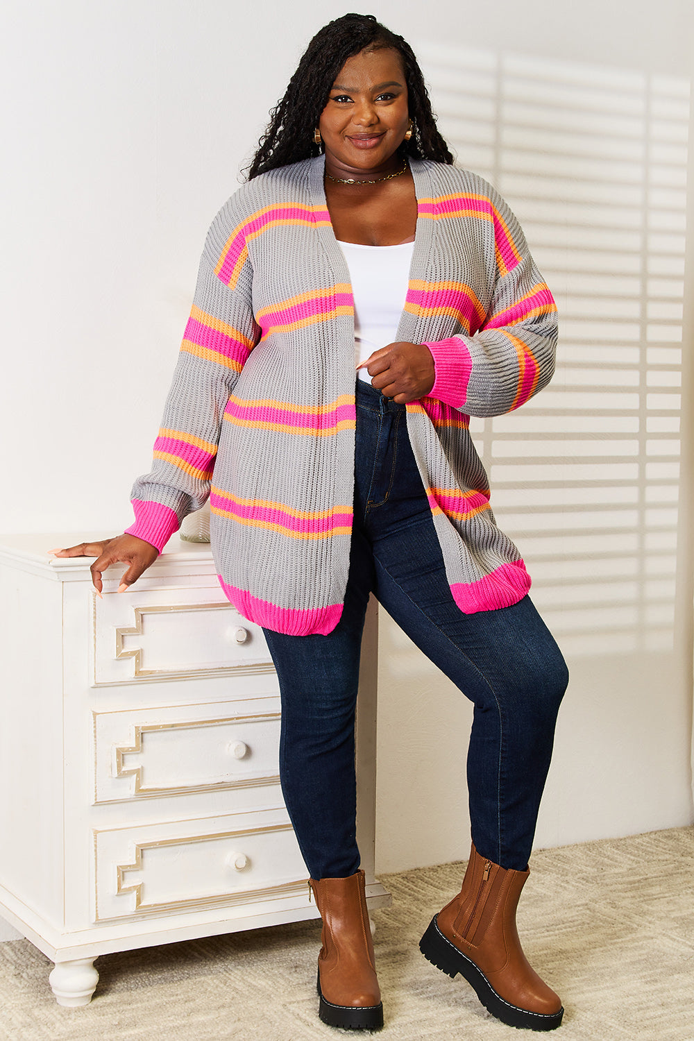Woven Right Ribbed Long Sleeve Cardigan - -