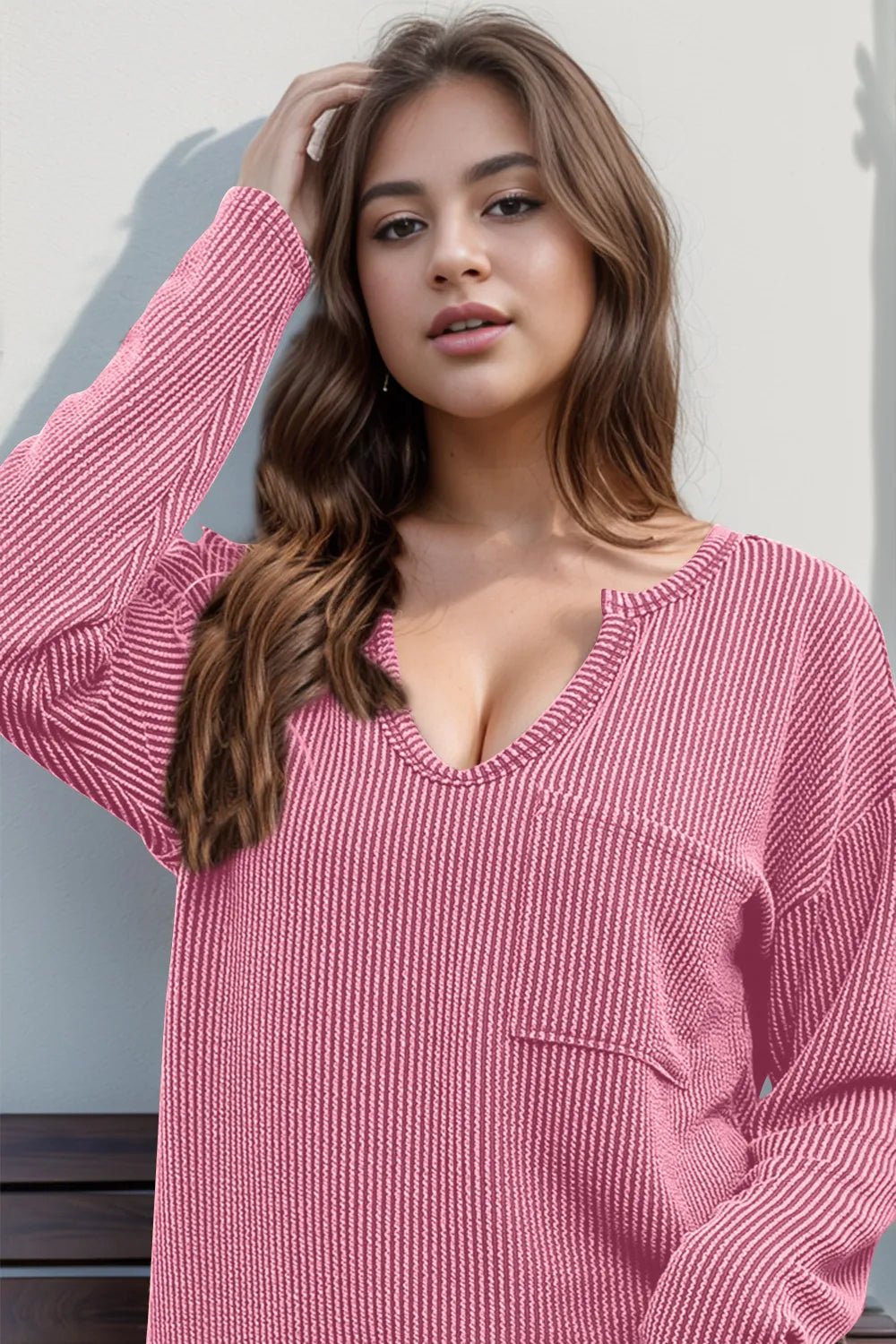 Double Take Striped Notched Long Sleeve T-Shirt - -