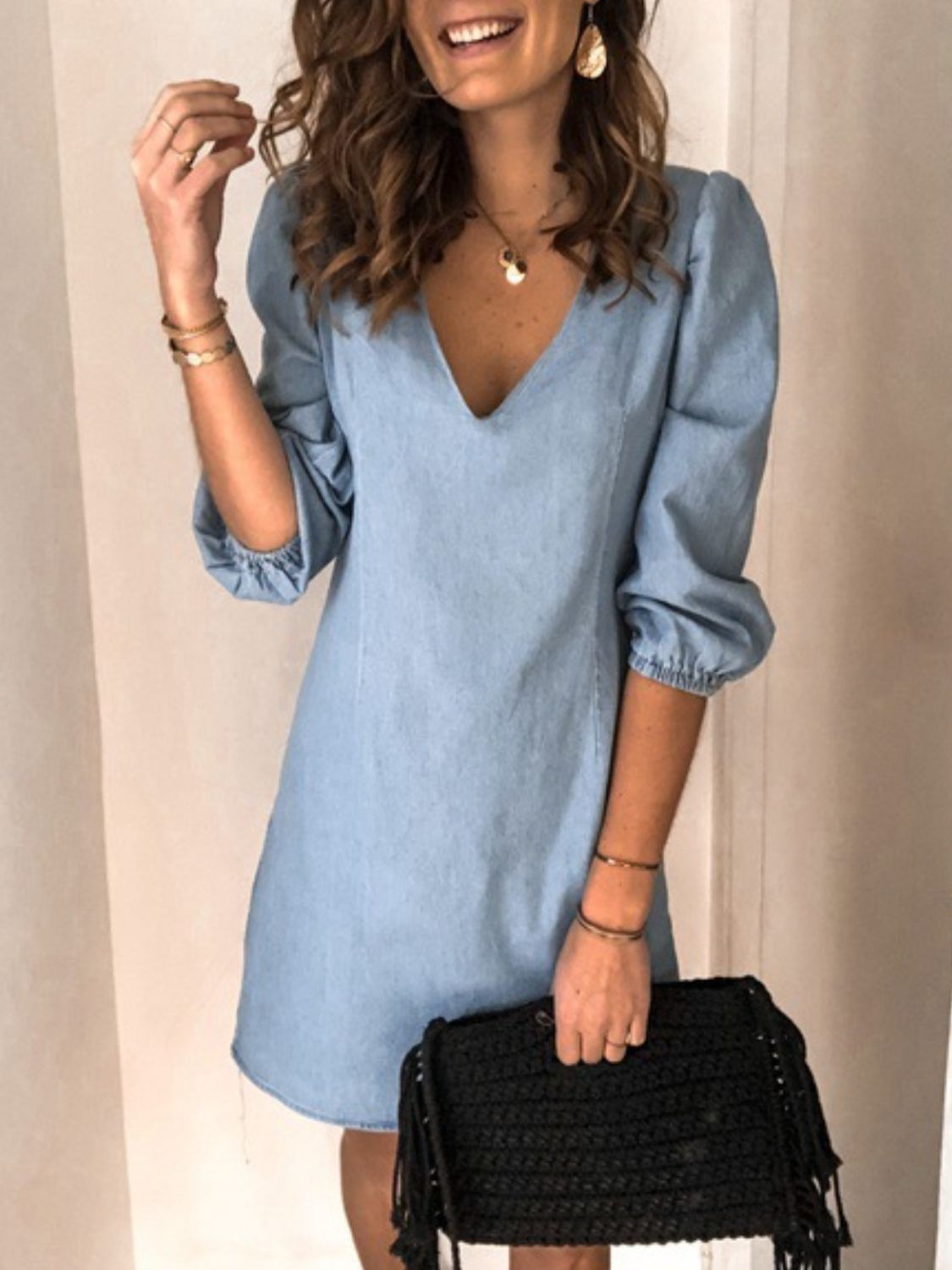Full Size V-Neck Half Sleeve Dress - -