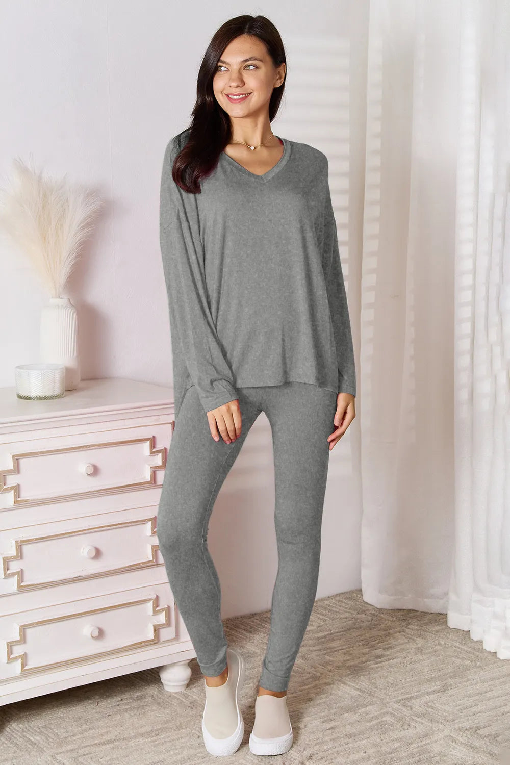 Basic Bae Bamboo Full Size V-Neck Long Sleeve Top and Pants Lounge Set - Gray -