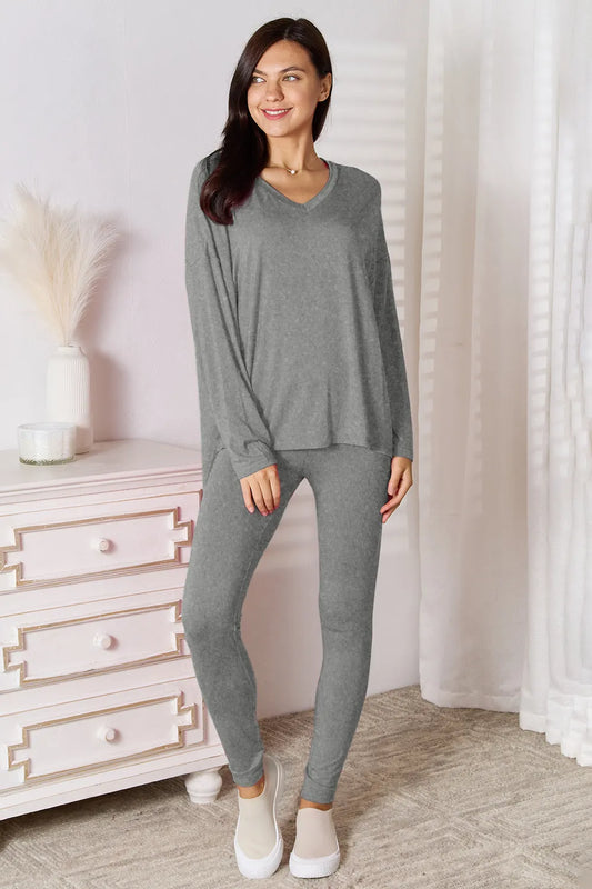 Basic Bae Bamboo Full Size V-Neck Long Sleeve Top and Pants Lounge Set - Gray -