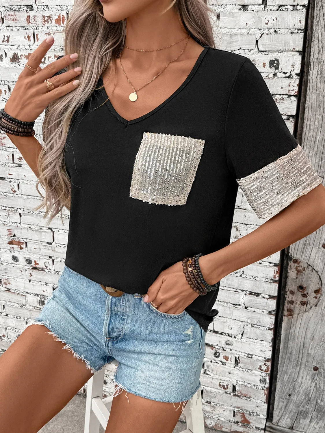 Sequin V-Neck Short Sleeve T-Shirt - -