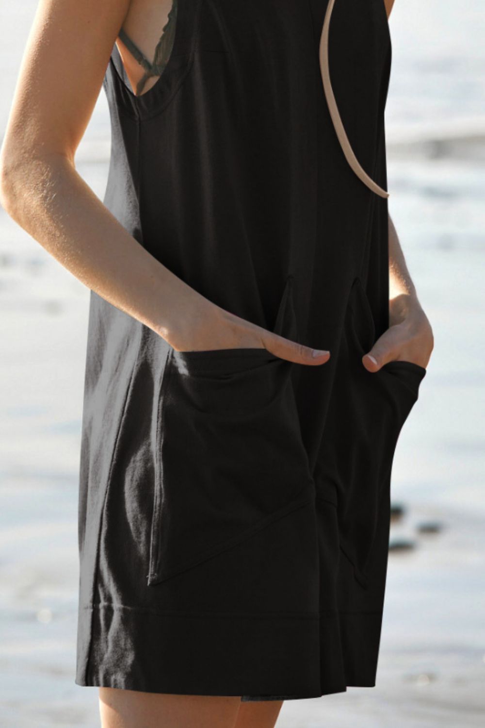 Lovelet Round Neck Sleeveless Romper with Pockets - -