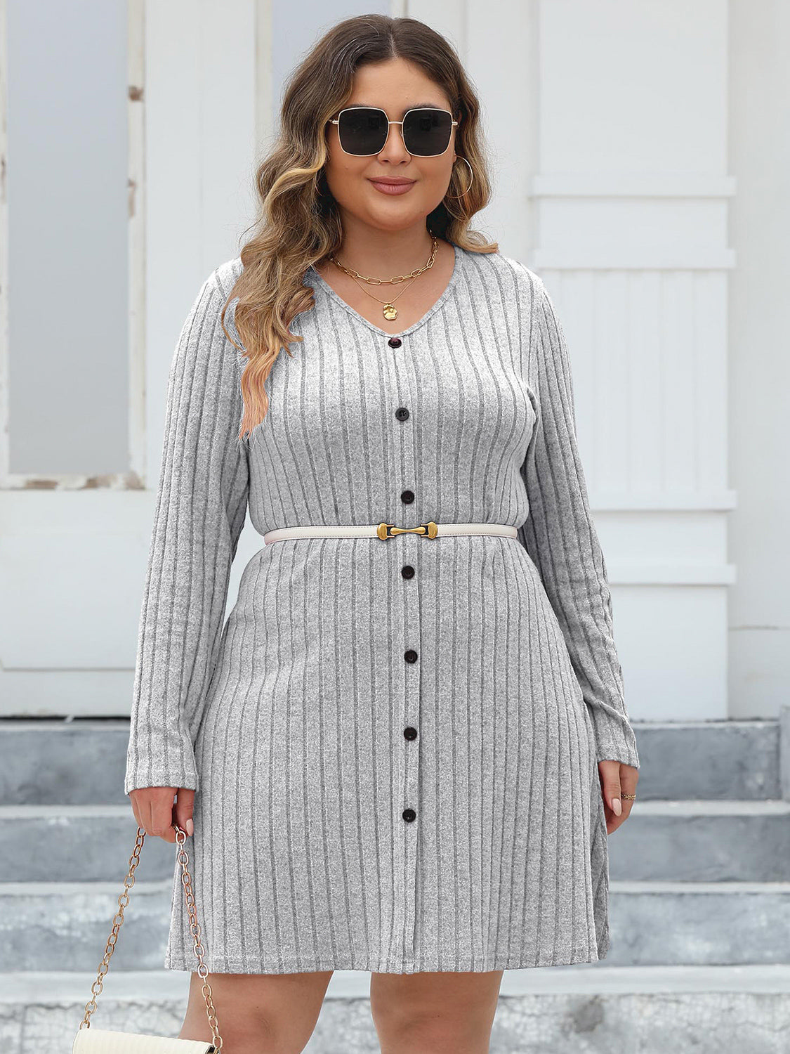 Plus Size Ribbed Buttoned V-Neck Long Sleeve Dress - -