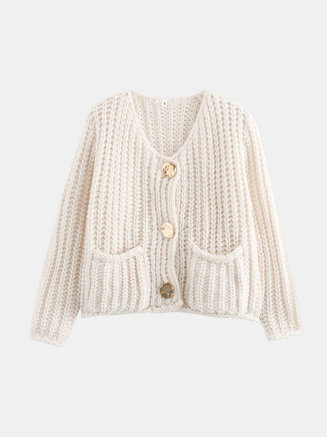 Chunky Knit Button-Down Cardigan – Gold Accent & Soft Texture - -