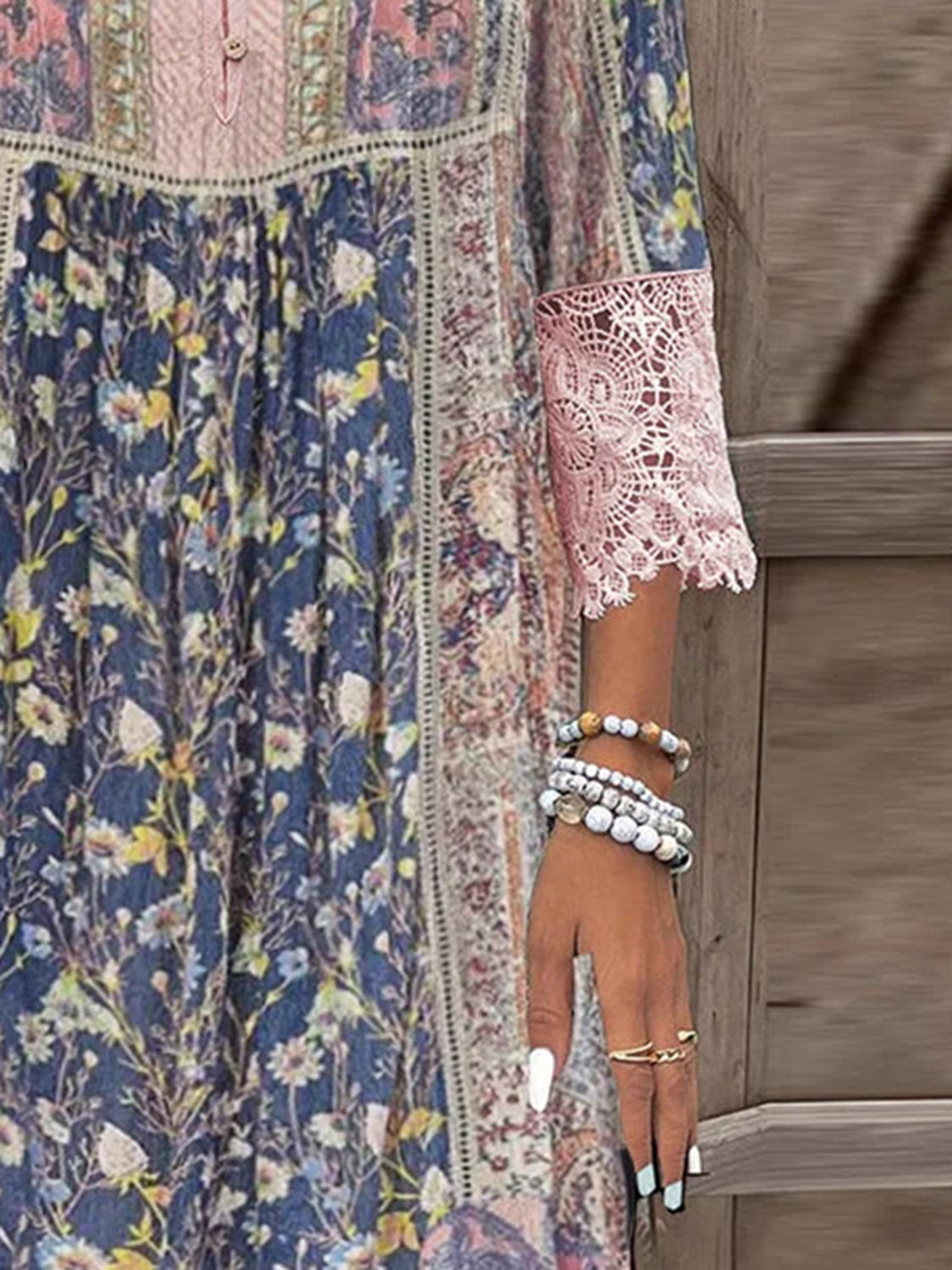 Boho Lace Detail Floral Dress – 3/4 Sleeves & Patchwork Print - -