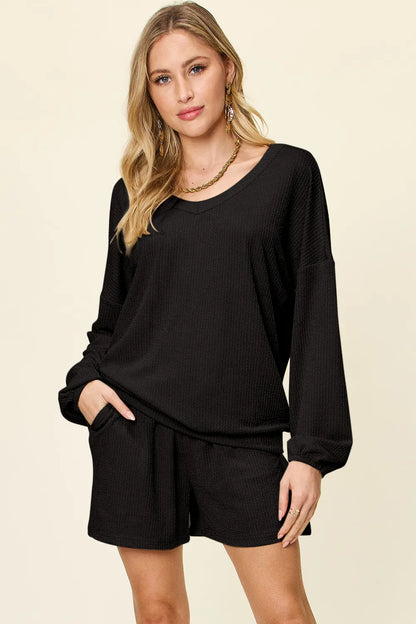 Double Take Full Size Texture V-Neck Long Sleeve T-Shirt and Shorts Set - Black -