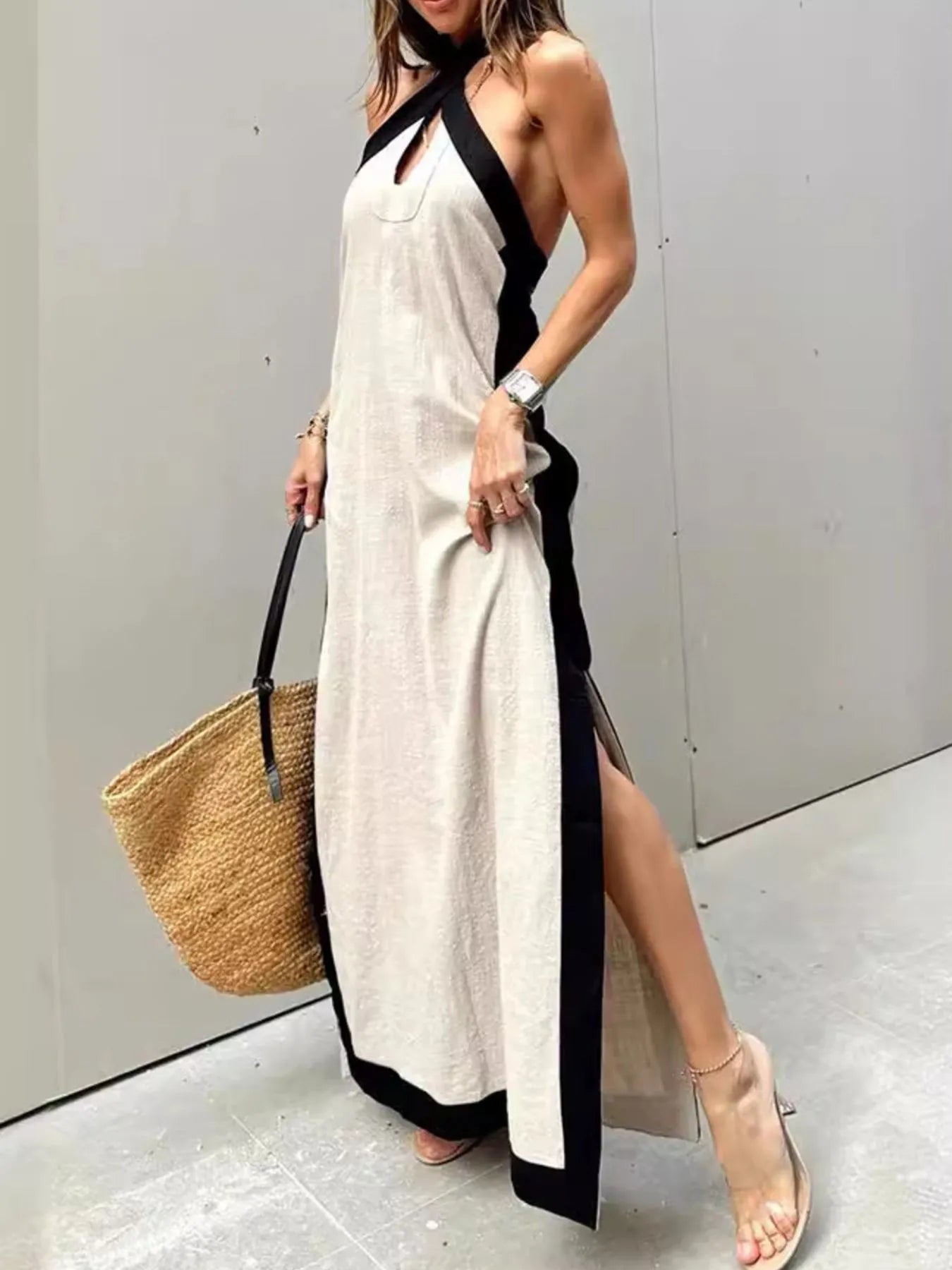 Contrast Halter Sleeveless Maxi Dress – Trendy Summer Slit Dress | SCB Level Stylish - -