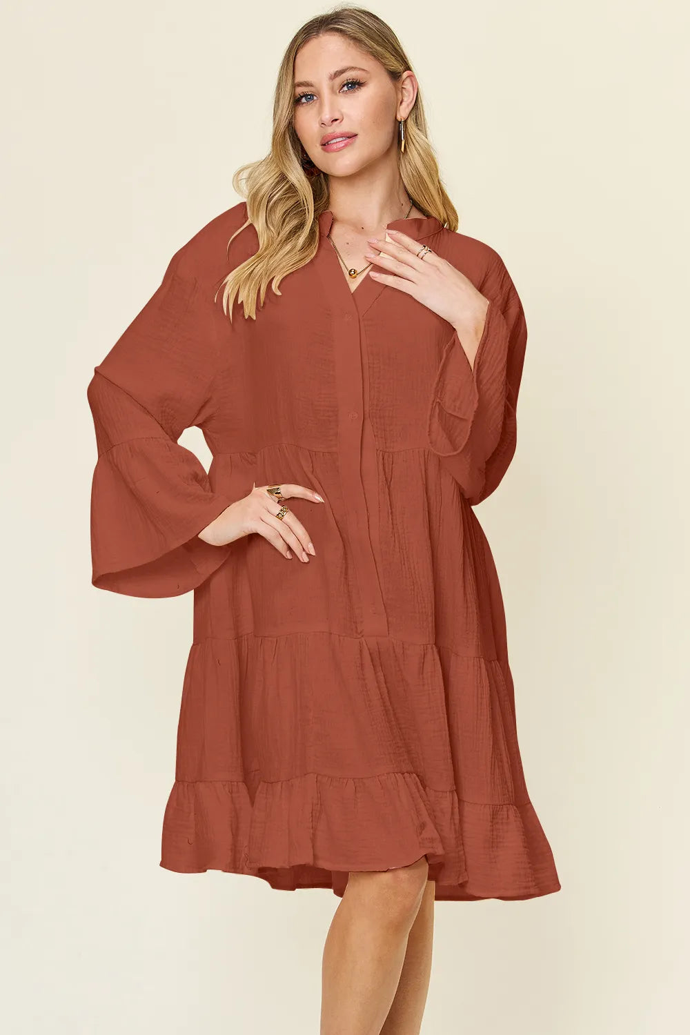 Double Take Full Size Texture Button Up Ruffle Hem Dress - Rust -