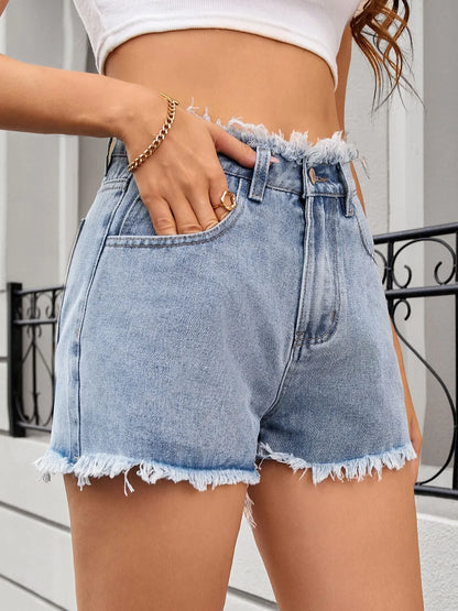 Washed Raw Hem Denim Shorts - -
