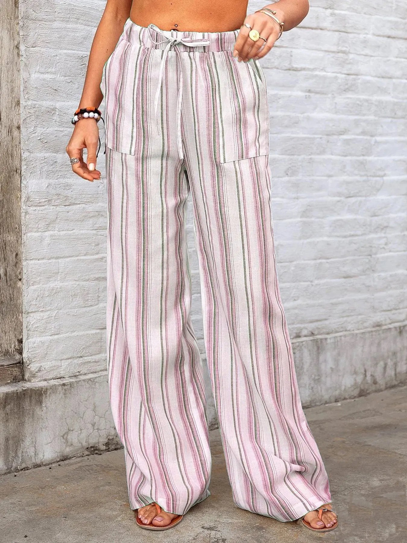 Full Size Striped Wide Leg Pants Plus Size - Pink -